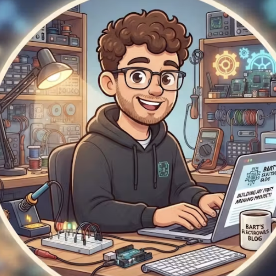 Bart, achter zijn laptop in zijn werkplek vol elektronica: een soldeerbout, een breadboard, een oscilloscoop en een Arduino